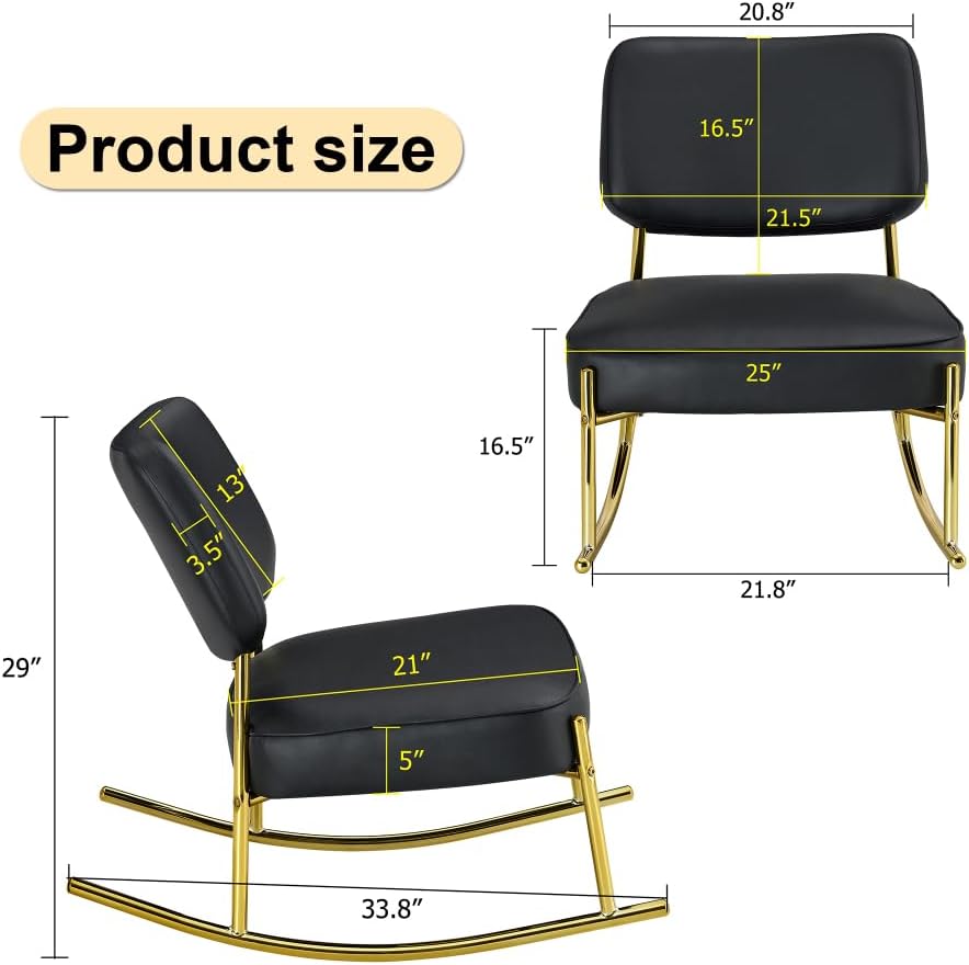 Modern Rocking Chair with PU Cushioned Seat, Black Backrest, Gold Metal Legs ...