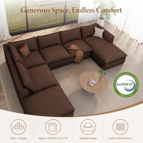 Vesgantti 7 Seater Sectional Couch, 141.7" Large Cloud Sofa, Brown | U S...