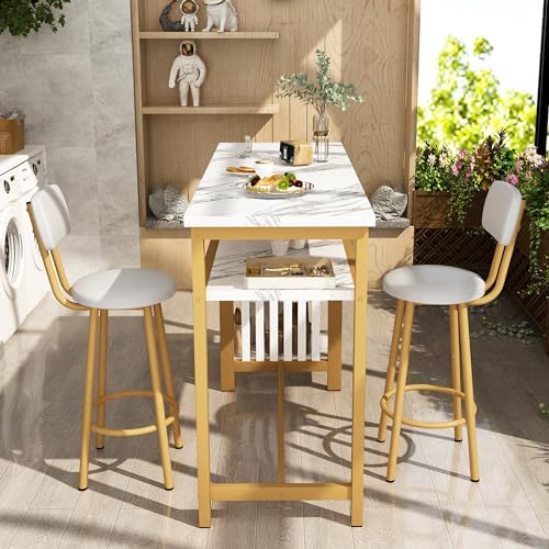 AWQM 3-Piece Bar Table and Chairs Set, Modern White Faux Marble Table with 2 ...
