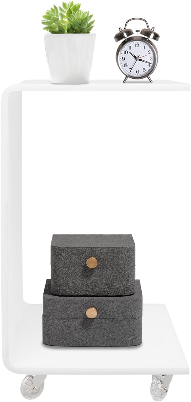 Modern Acrylic Side Table with Wheels, 14.1x13.4x21.6in Movable C-Shaped End ...