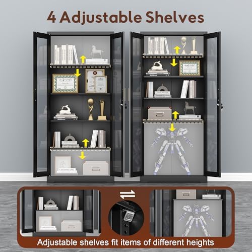 UNICOLY Lockable Display Cabinet with Glass Doors and 4 Adjustable Shelves