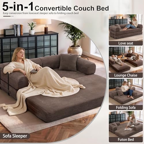 JJJ 63 inch Sofa Bed Sleeper Couch | Versatile Futon Sofa, Corduroy Fabric, C...