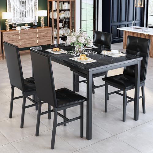 Hooseng Dining Table Set for 4, Faux Marble Small Kitchen Table with 4 PU Lea...