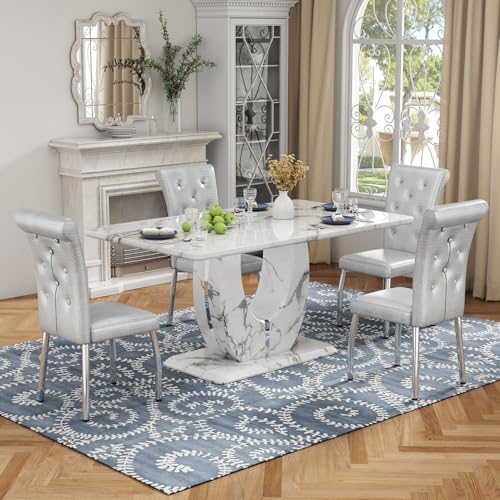 Modern Faux Marble Dining Table Set for 4, 63" White Rectangular Kitchen...
