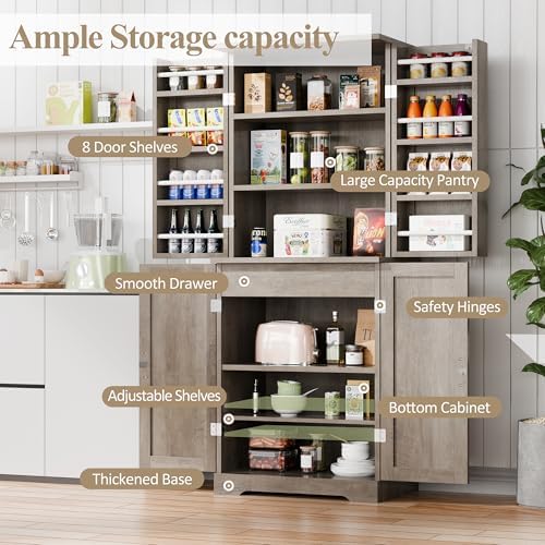 Vongrasig Kitchen Pantry Storage Cabinet with Barn Doors, Drawer and Adjustab...