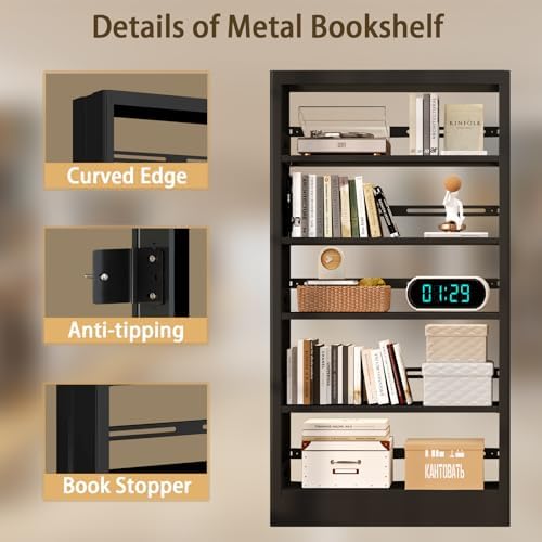 71"H Metal Bookshelf, 5 Tier Bookcase with Adjustable Shelves, Tall Book...