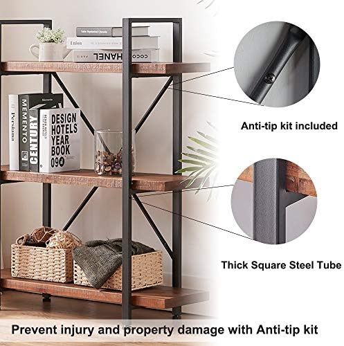 HSH 3 Tier Industrial Solid Wood Bookshelf, Distressed Brown