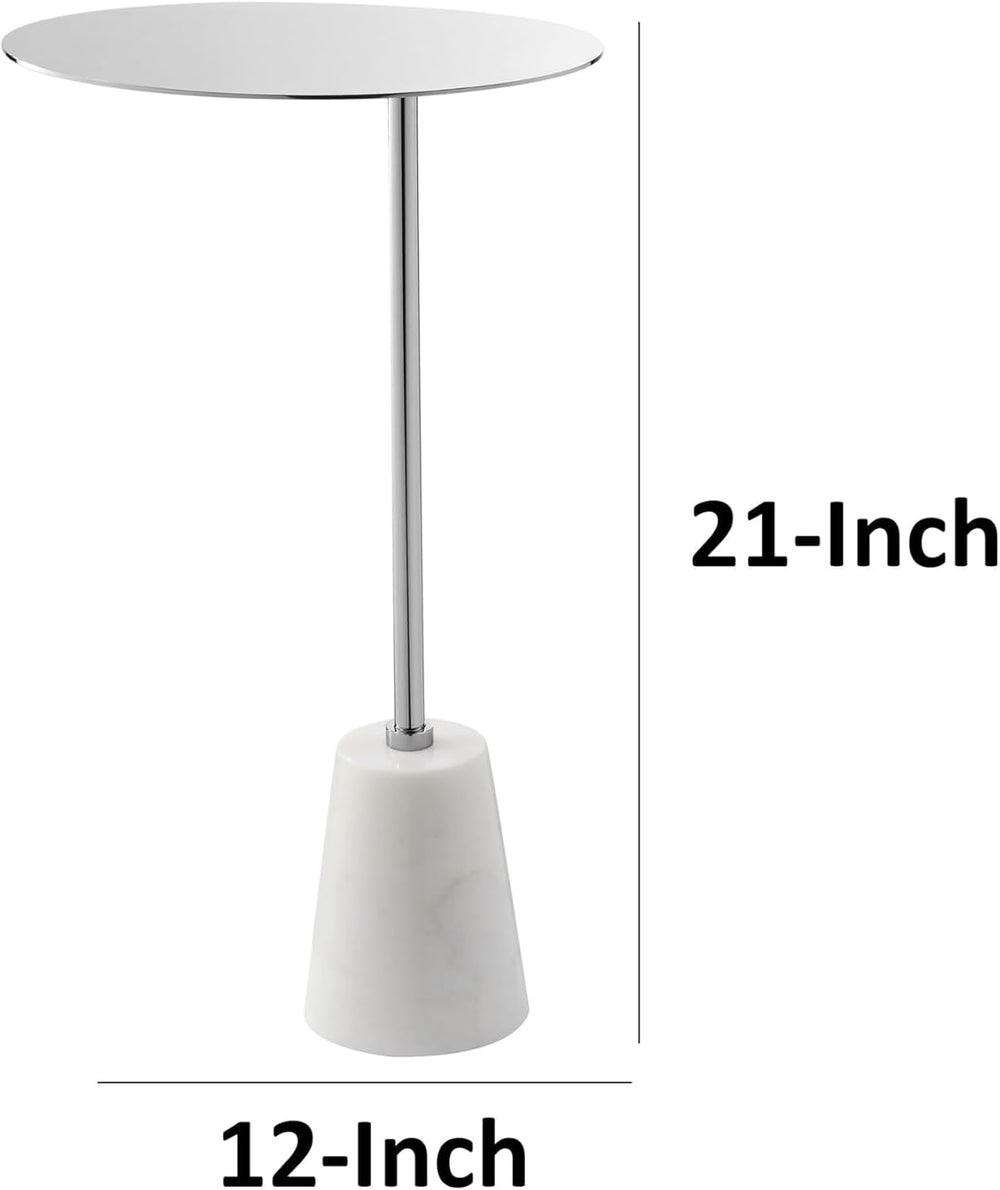 Benjara Frank 12" Drink Side End Table- Chrome Top- White Marble Solid Base