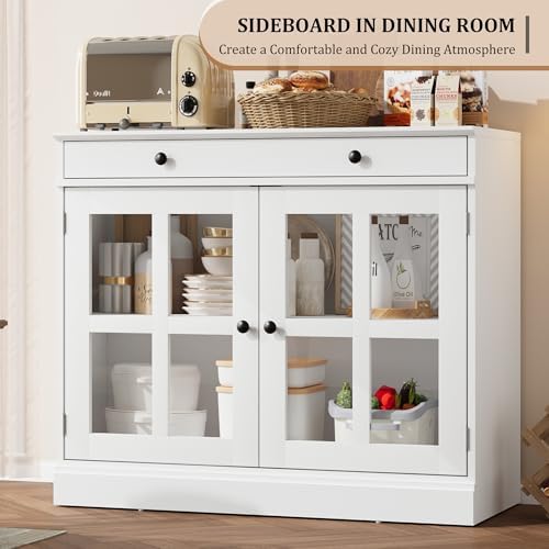 GarveeHome Modern 35.4" Sideboard Buffet Cabinet with Glass Door, White