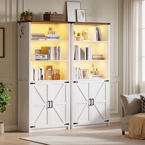 HWB Farmhouse 5-Tier Bookshelf with Doors and 3-Color LED Lights