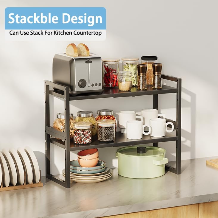 2 Pack Expandable Kitchen Cabinet Shelves Organizer,Heavy Duty Metal Shelving...