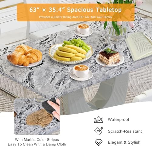 63" Faux Marble Dining Table Set for 4, 5-Piece Rectangular Kitchen Tabl...