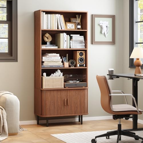 ONBRILL 71" Bookshelf with Sliding Door, Bookcase Storage Cabinet, Walnut