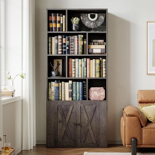 IRONCK 4-Tier Bookcase with Doors, Tall Storage Bookshelf, Charcoal Gray