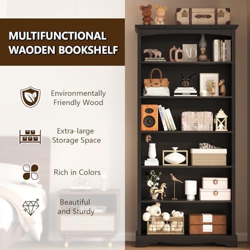 TVU 6-Tier Wooden Bookshelf, 76 Inch Tall Bookshelf with Storage, Floor Stand...
