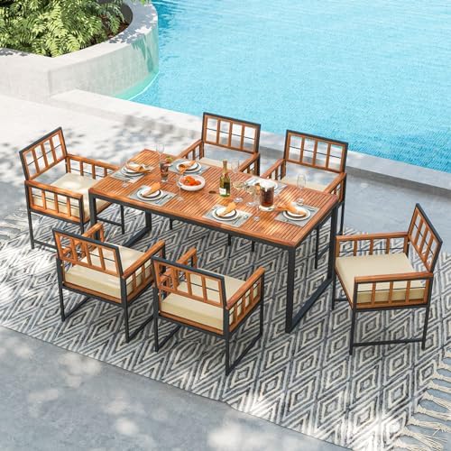Tangkula 7 Pieces Patio Dining Set, Outdoor Acacia Wood Table and Chairs with...