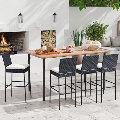 Tangkula Set of 4 Patio Wicker Barstools, Outdoor Bar Height Chair w/Soft Sea...