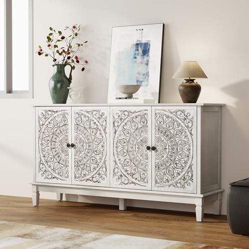 59" Solid Wood Buffet Cabinet, Accent Cabinet, 4 Carved Doors