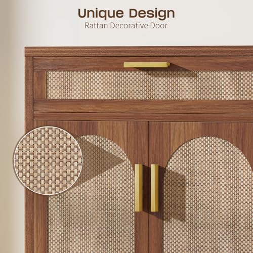 Rattan Buffet Cabinet with Storage, Sideboard Cabinet with Doors and Shelves,...