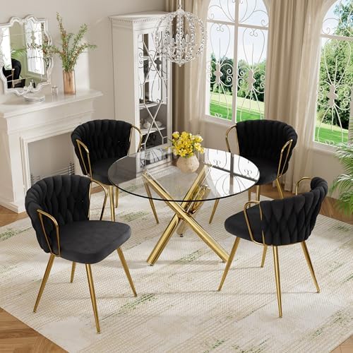 39'' Round Glass Dining Table Set for 4, 5-Piece Modern Dining Room T...