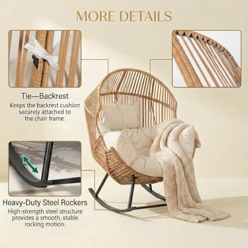 Oversized Outdoor Rocking Chair, Wicker Egg Patio Lounge Chair Basket Seat wi...