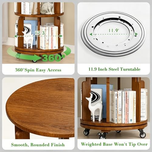 6 Tier 360° Rotating Solid Wood Bookshelf with Wheels