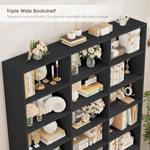 FACBOTALL 82.3" Triple Wide Bookshelf, Tall Bookcase with 4 Doors, Black