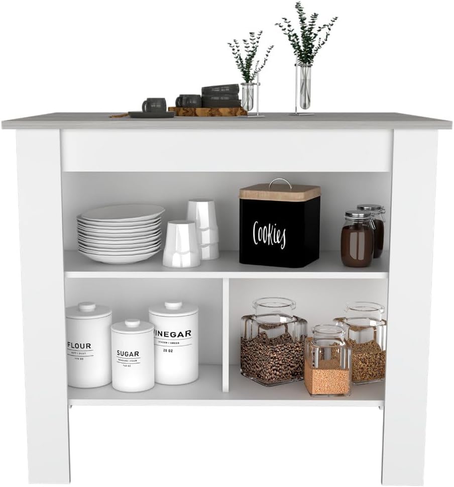 Kitchen Island with Open Shelves, White and Marble-Look Top | 3 Storage Shelv...