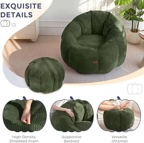 MAXYOYO Bean Bag Chair with Ottoman, Giant Pumpkin Lounge Chair for Adults | ...