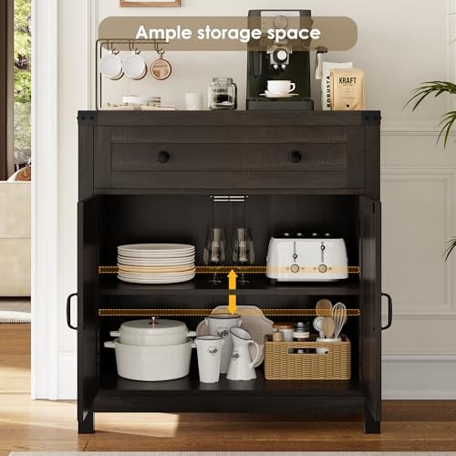 HOSTACK Kitchen Storage Cabinet, Farmhouse Coffee Bar Cabinet, Dark Brown