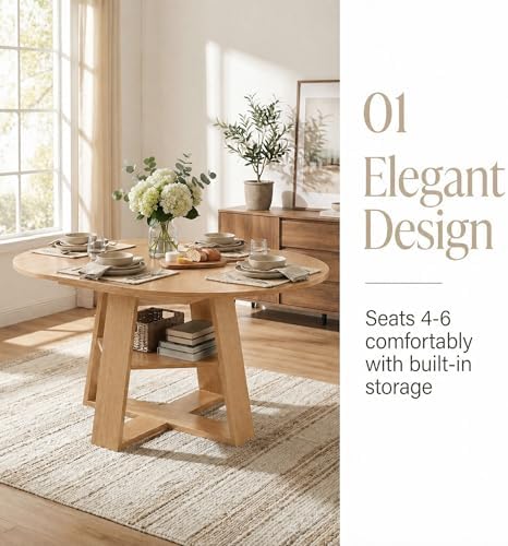 5 Piece Round Extendable Dining Table Set for 4, 43"-59" Natural Wo...
