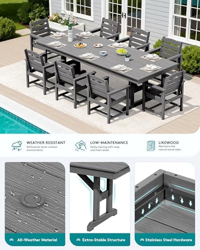 SERWALL 9Pcs 84" HDPE Outdoor Dining Set for 8 with Armchairs,Gray