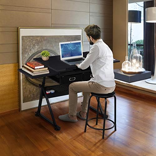 Yaheetech Adjustable Drafting Table Art Desk,Storage Drawers & Stool,Blac...