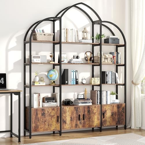 Arched Bookshelf and Bookcase with 3 Cabinets, Triple Wide 5 Tier Standing Bo...