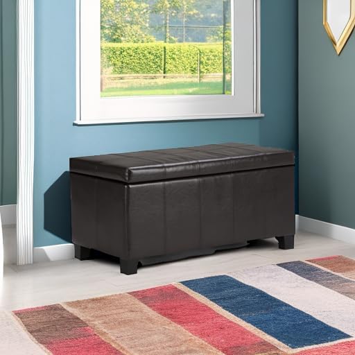 SIMPLIHOME Dover 36" Wide Vegan Leather Storage Ottoman in Tanners Brown...