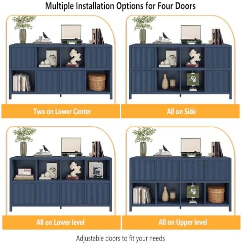 FATORRI 8 Cube Bookcase with 4 Doors, 57 Inch Wooden Bookshelf with Storage C...