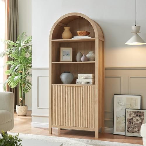 Arched Cabinet Bookshelf Bookcase - 71” Tall Mid Century Arched Display Cabin...