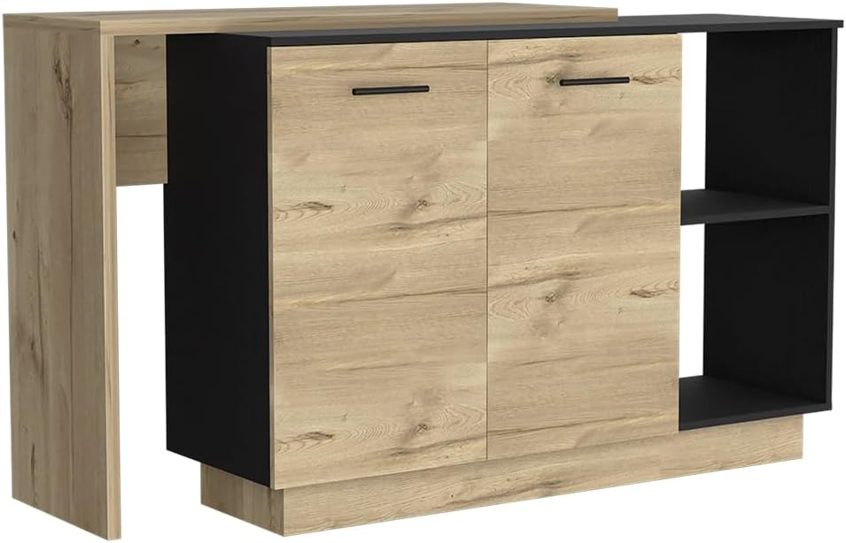 Kitchen Island with Double Doors and Three Shelves in Black | Includes two ex...