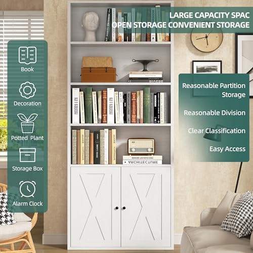 Shintenchi 6 Tier Bookshelf with Doors, Tall Standing Bookcase