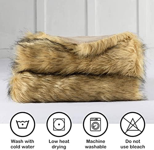 Luxury Plush Faux Fur Throw Blanket, Long Pile Golden Yellow with Black Tippe...