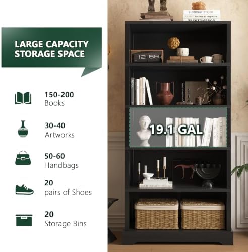TVU 5 Tiers Wooden Bookshelf, 65.2" Tall Farmhouse Style Open Bookcase, ...