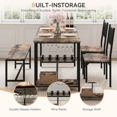 55-Inch Dining Table Set for 4 with Bench, Wine Rack, Rustic Brown