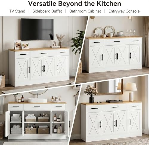 SUNLEI Coffee Bar Cabinet with Storage, Farmhouse Buffet Cabinet with 4 Doors...
