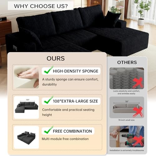 108" U-Shape Modular Sectional Cloud Couch with Ottoman, Deep Seat Couch...