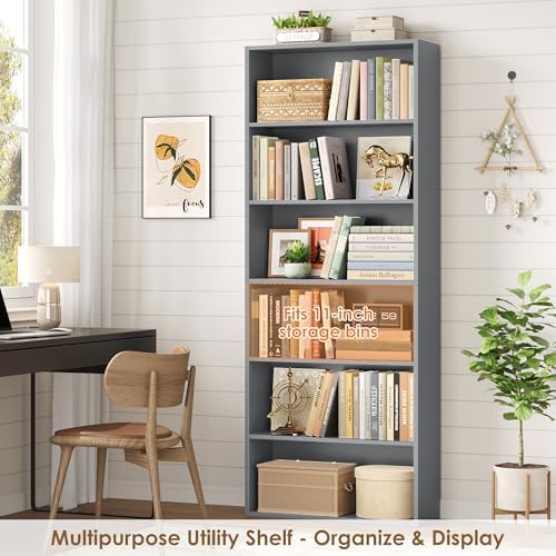 FOTOSOK 6 Tier Tall Bookshelf Bookcase with Open Display Shelves, Dark Gray
