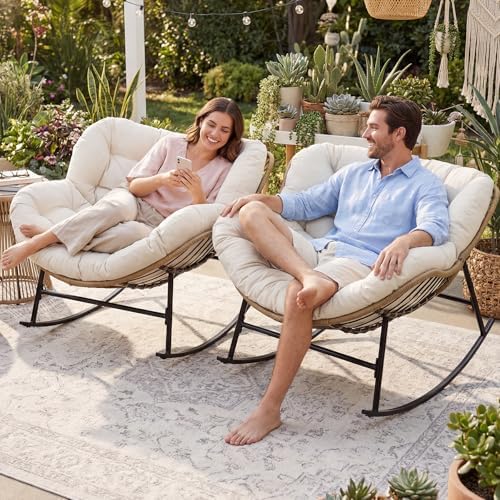 FINCATI 2 PCS Outdoor Rocking Chair, Oversized Papasan Rocking Chair | 450 Lb...