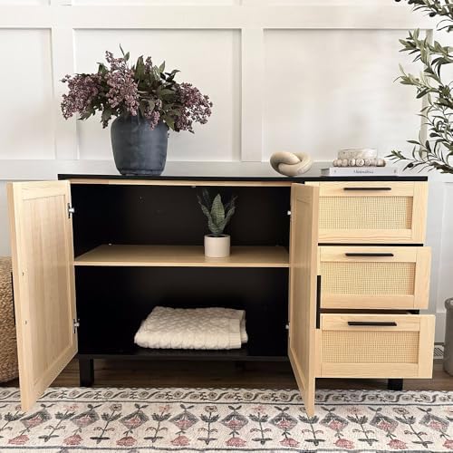 PHI VILLA Black Rattan Cabinet with Doors, Buffet Sideboard Cabinet with Draw...