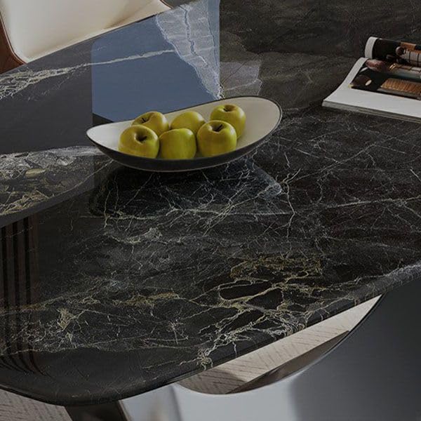LAKIQ Stone Top Dining Table with Metal Pedestal Base Rectangular Modern Dinn...