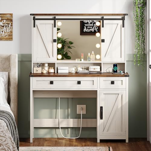 AOGLLATI Makeup Vanity with Lights & Barn Doors, Vanity Desk with Mirror ...