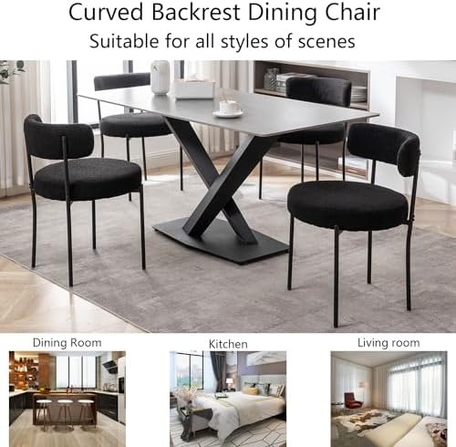 Cinxzar Black Boucle Dining Chairs Set of 6, Upholstered Dining Room Chairs w...